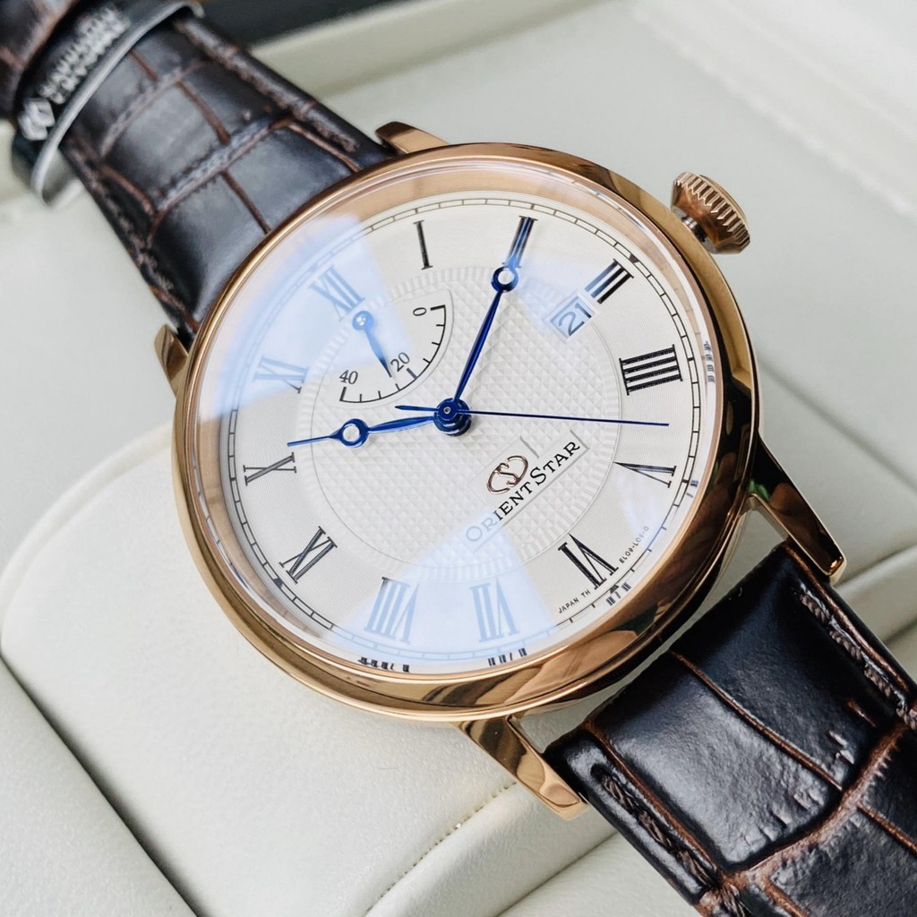 Đồng hồ Nam Orient Star Alegant SEL09001W0 Automatic Mặt trắng,Kim xanh,Báo cót,Kính Sapphire-Máy cơ-Dây da-Size 39mm