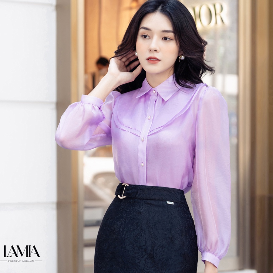 Áo sơ mi hè công sở nữ kiểu Đức màu tím họa tiết cách điệu LUXA004 Lamia Design