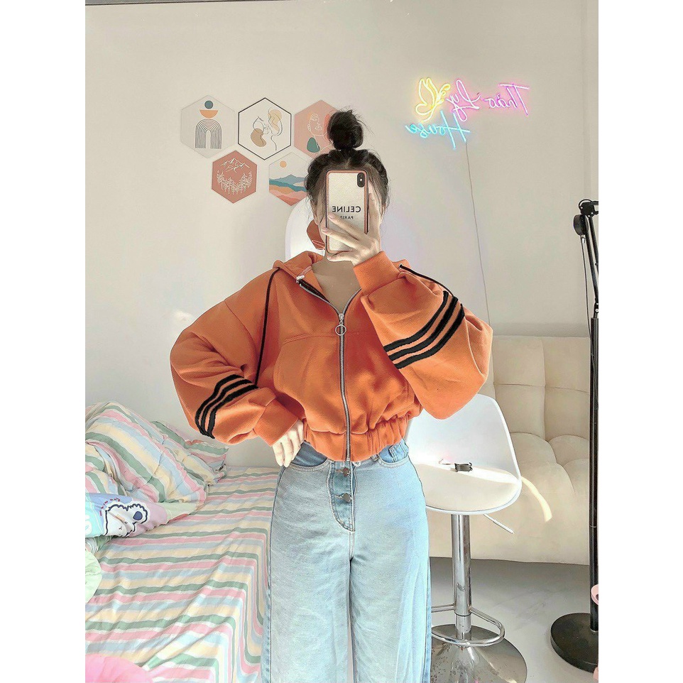 Áo Khoác Hoodie Nữ Kiểu Croptop Phối Viền Sọc Tay Có Nón Vải Thun Nỉ Ngoại Mềm Mịn