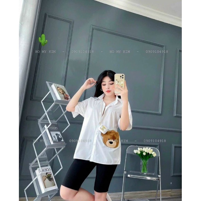 Áo sơ mi trắng thêu gấu lông