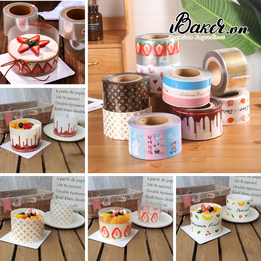 Cuộn Mica cứng in hình/ trong suốt bọc bánh Mousse, mica quấn thành bánh trang trí bánh cao