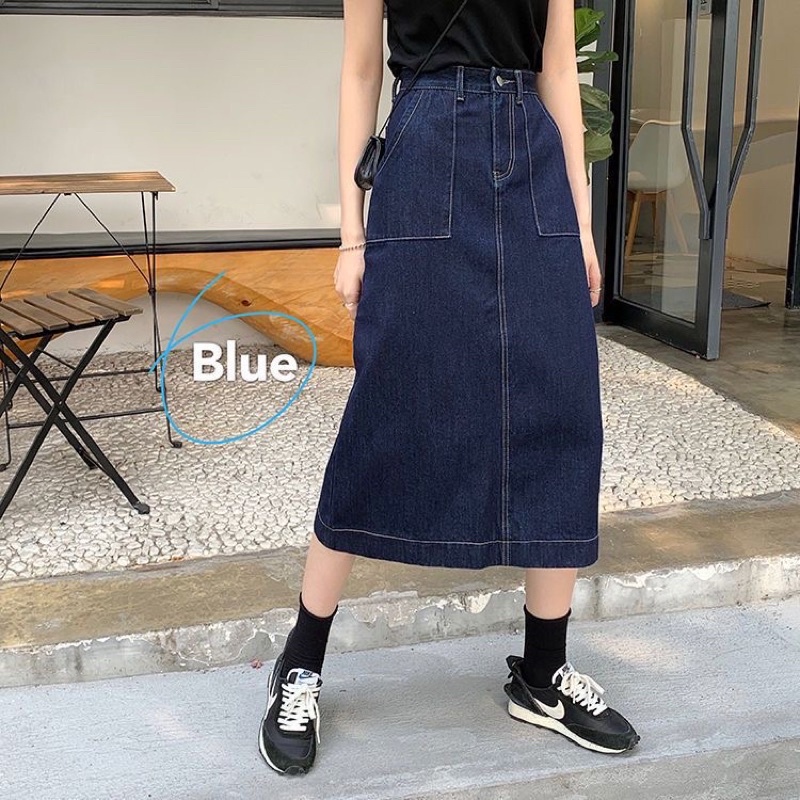 | CHÂN VÁY JEANS DÀI CHỈ NỔI TÚI VUÔNG ULZZANG