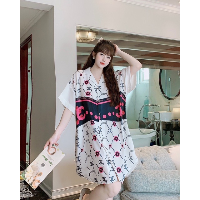 Đầm váy ngủ mặc nhà Lụa phom rộng cổ sơ mi cao cấp (mẹ bầu | sau sinh bon chen thoải mái) dưới 72kg