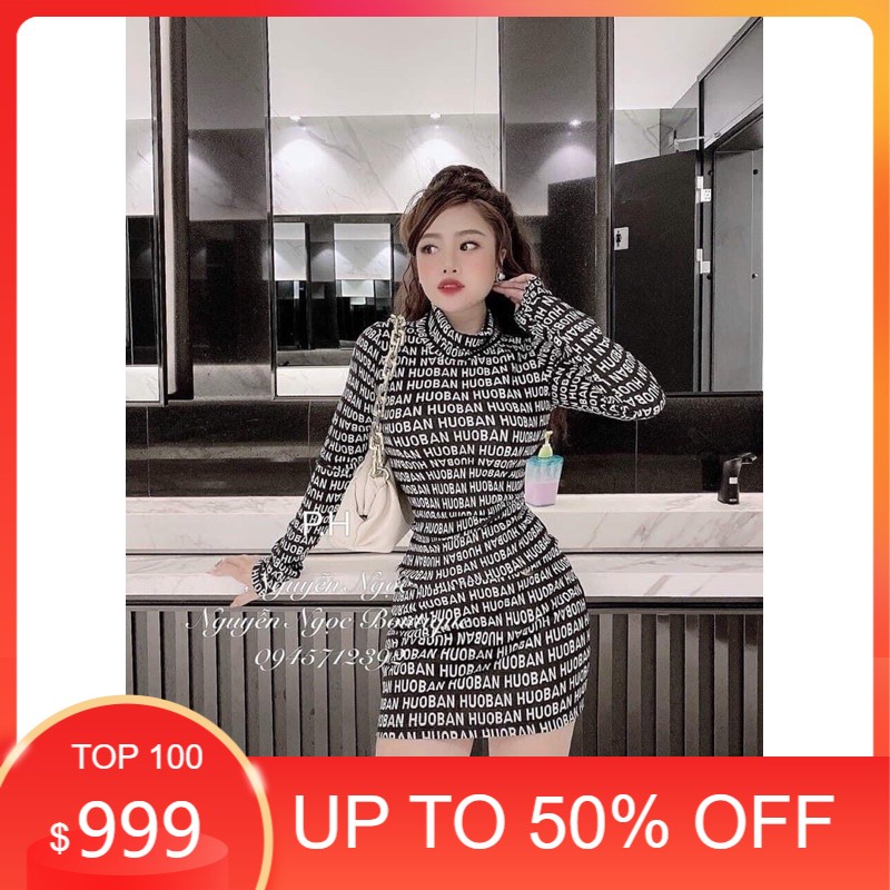 ĐẦM BODY ÔM HOẠ TIẾT CHỮ TRẮNG ĐEN TAY DÀI THỜI TRANG NỮ