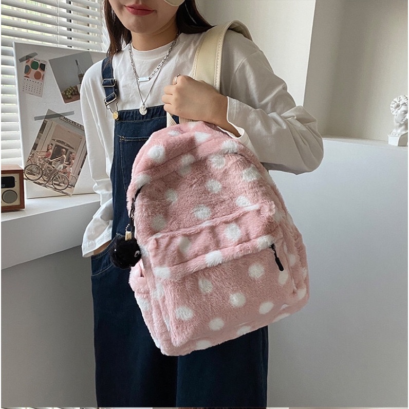 Balo lông thỏ hoạ tiết chấm bi trẻ trung