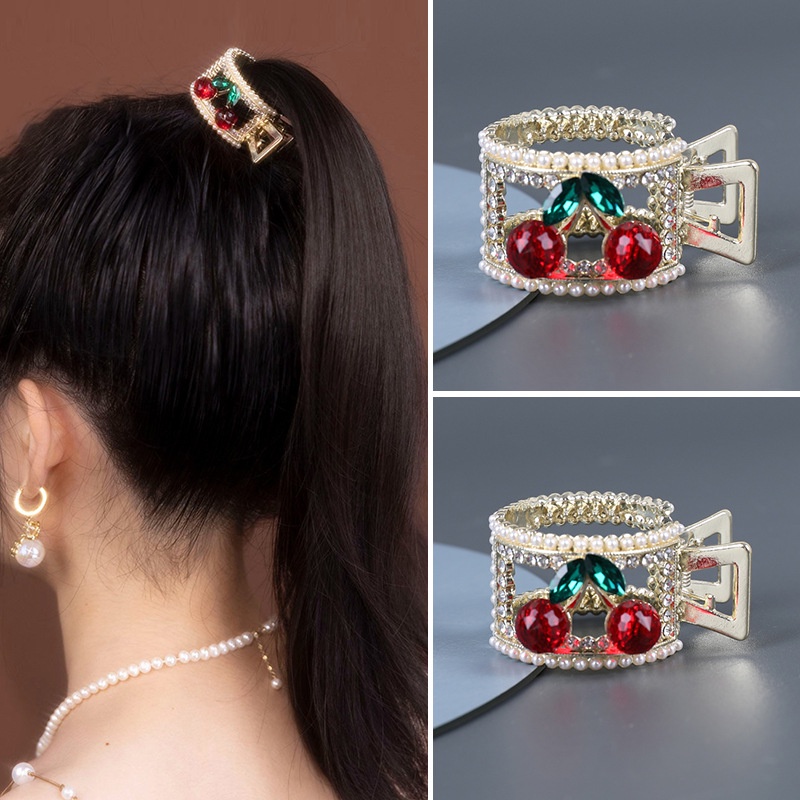 Kẹp tóc Haimeikang bằng kim loại phối chi tiết Cherry màu đỏ bằng đá thời trang phong cách Hàn Quốc