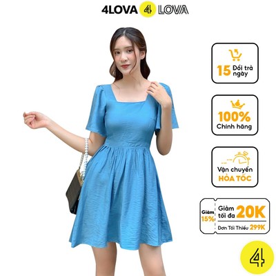 Váy xòe babydoll nữ 4LOVA thiết kế tay bồng phối cổ vuông thắt nơ sau trẻ trung