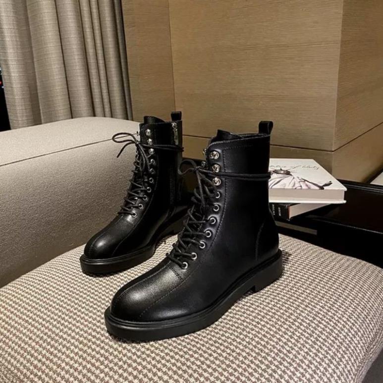 Giày Bốt Martins Nữ Boots Cao Cổ Da Mềm Đế Bằng Khóa Kéo Cạnh (Tặng Kèm Tất) GB01 ...