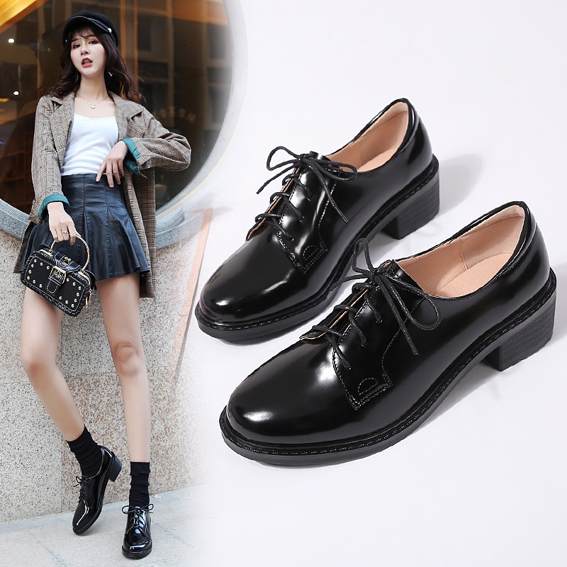 Giày Oxford Gót Thấp 5cm Mũi Tròn Màu Trơn Chất Liệu Da Cho Nữ