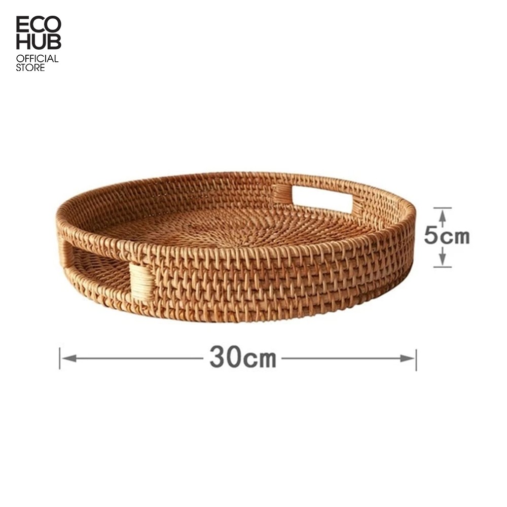 Khay mây tròn ECOHUB có tay cầm, d30cm / 35cm (Basket Rattan Woven Storage Tray with Handle) | EH026