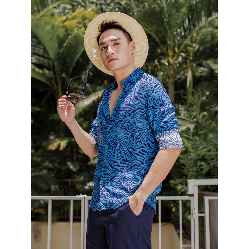 Áo sơ mi nam dài tay ARISTINO  họa tiết sóng biển tươi mới, thời thượng, chất mịn mượt, bền màu- ALSM1209