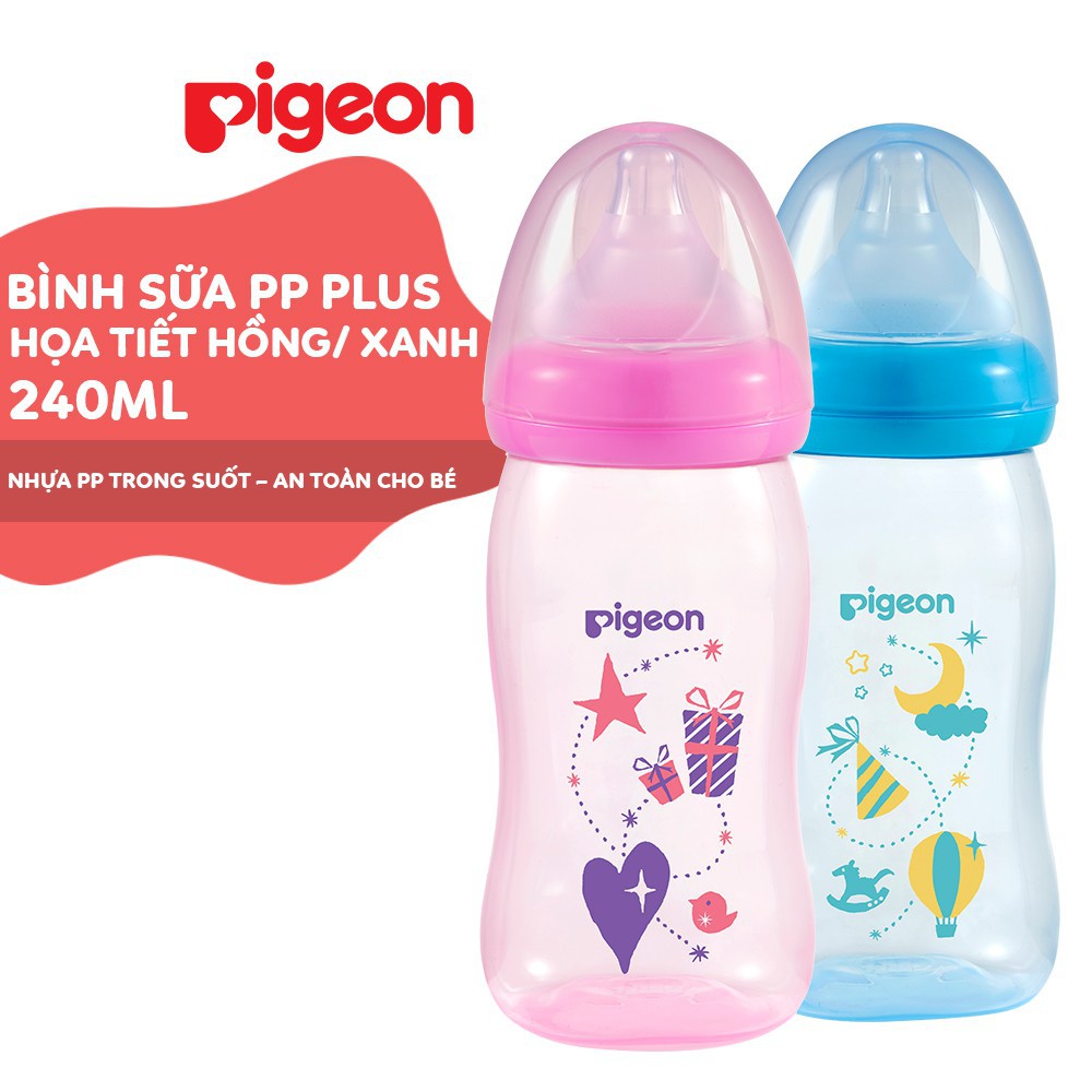 Bình sữa Pigeon 160ml / 240ml cổ rộng PP Plus họa tiết xanh hồng