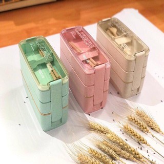 Hộp cơm Lucnh box 3 tầng 900ml nhựa lúa mì có muỗng