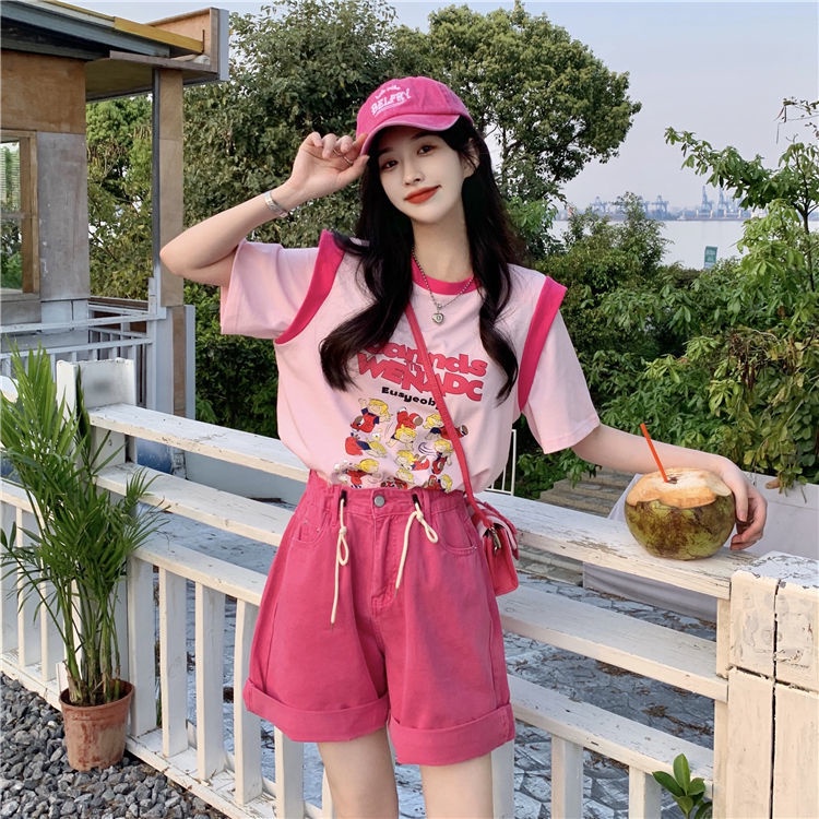 Color splicing design short-sleeved shoulder T-shirt women's summer 2022 new sweet girl style loose T-shirt
