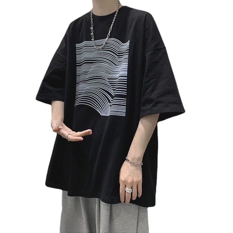 Áo Thun Tay Ngắn Dáng Rộng In Họa Tiết Kẻ Sọc Phong Cách Hip Hop Hàn Quốc Thời Trang Cho Nam