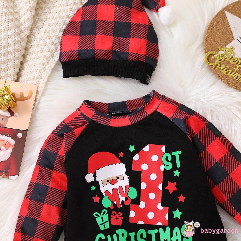 Bộ Áo Liền Quần Tay Dài Cổ Tròn In Họa Tiết Giáng Sinh Kèm Nón Cho Bé