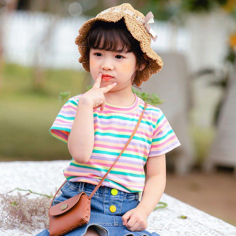 Áo Cotton Ngắn Tay Kẻ Sọc Màu Cầu Vồng Cho Bé Gái