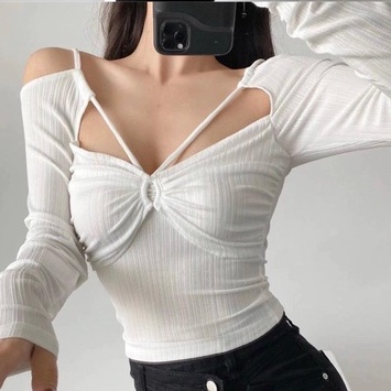 Áo croptop nữ dài tay HAGA áo khoét ngực luồn dây ALDN60