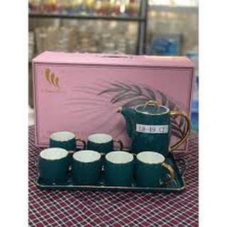 BỘ ẤM CHÉN KÈM KHAY CAO CẤP XANH CỔ VỊT VIỀN VÀNG.Màu TRẮNG.CHIM CÔNG VÀ ĐÀI SEN.MÀU HỒNG.