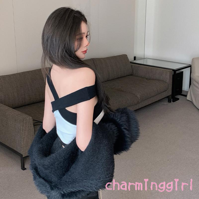 QAQ-Women´s Midriff-baring Tank Tops Black White Color Matching Cross Hanging Neck Off Shoulder Sleeveless Slim Tops