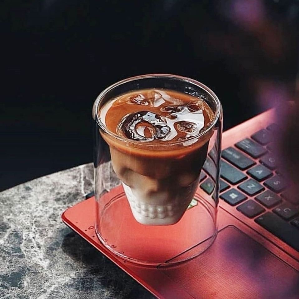 Ly Thủy Tinh Uống Rượu Whiskey Hai Lớp Trong Suốt In Hình Đầu Lâu Sáng Tạo