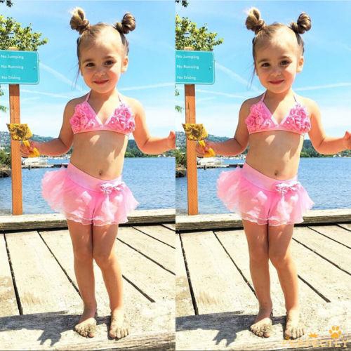 Bộ bikini 2 mảnh màu hồng dễ thương cho bé gái