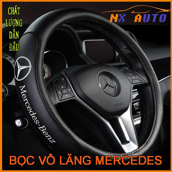 Bọc vô lăng ô tô logo hãng xe Mercedes-Benz bằng da thật mềm mịn, êm tay bám lái cao cấp sang trọng size M-38cm
