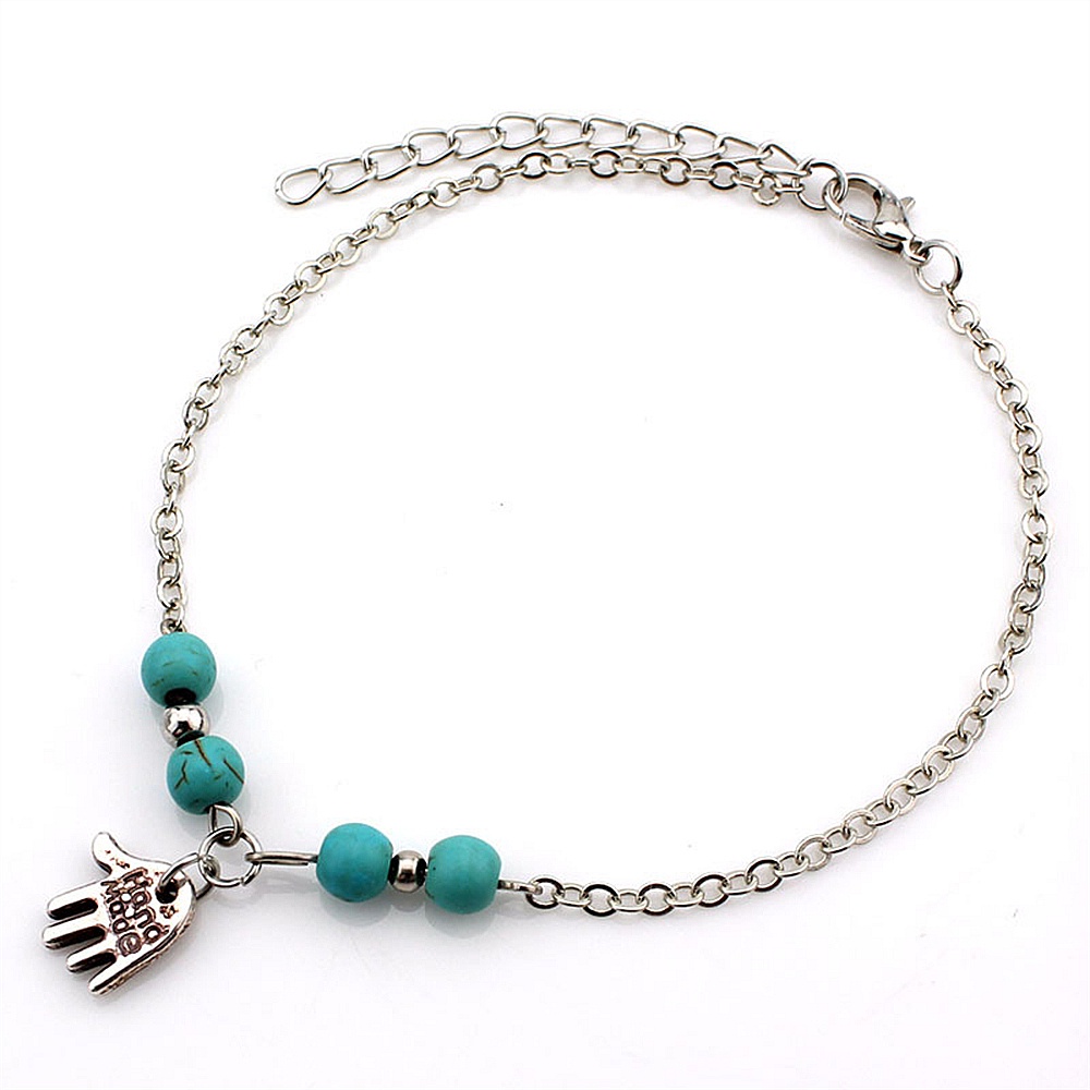 Lắc Chân Mặt Hình Bàn Tay Fatima/Cá Heo Đính Đá Ngọc Lam Phong Cách Bohemian Đi Biển Cho Nữ