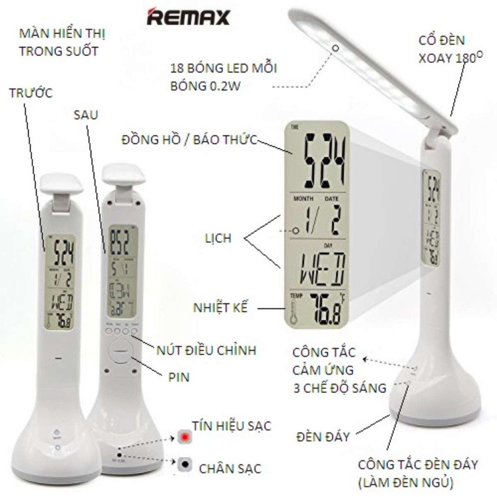 REMAX RT-E185 TIME SERIES LED: Đèn bàn LED tích điện chống cận 3 chế độ sáng - Hiển thị Ngày,Giờ,Nhiệt độ và Có báo thức
