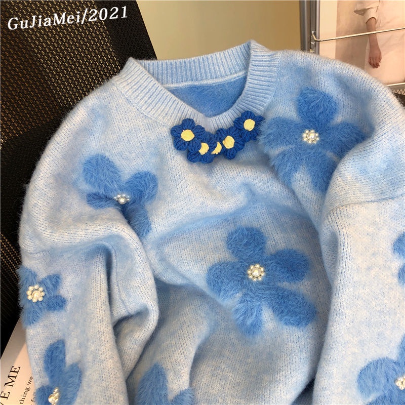 Áo Sweater Dệt Kim Dày Dáng Rộng Đính Hạt Màu Xanh Sữa Thời Trang Thu Đông Cho Nữ