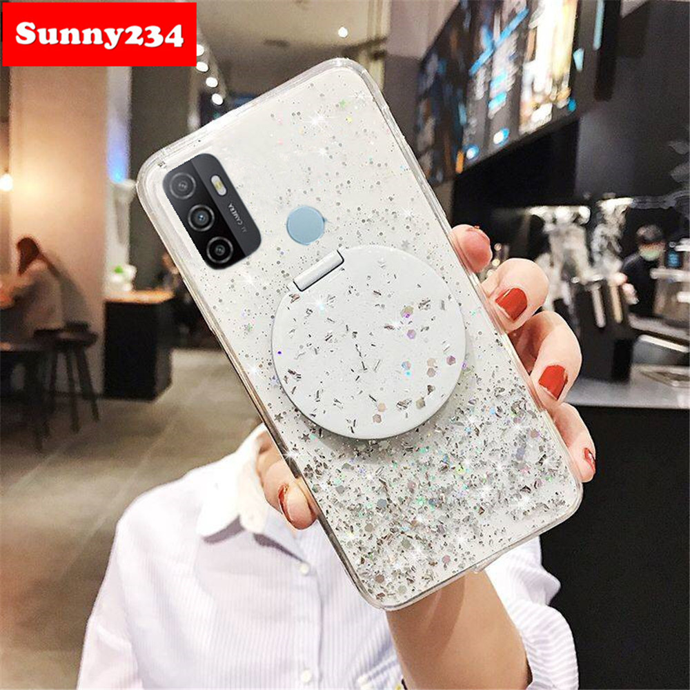 Ốp điện thoại kim tuyến có gương kiêm giá đỡ cho Oppo A53 2020 A54 A52 A92 A15 A15S F5