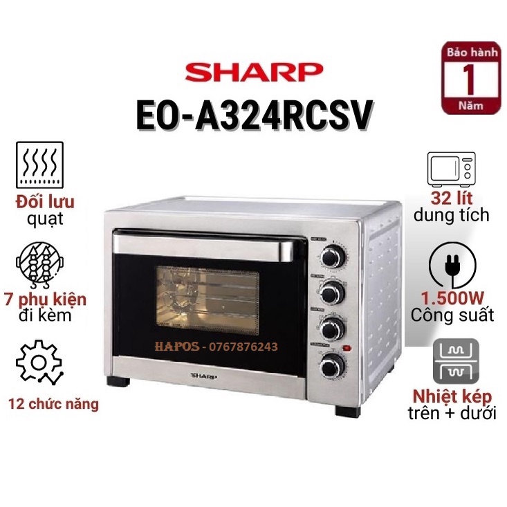 Lò nướng Sharp 32 lít nướng đối lưu công suất 1500W chất liệu vỏ thép không gì điều khiển núm vặn - HAPOS Phân phối