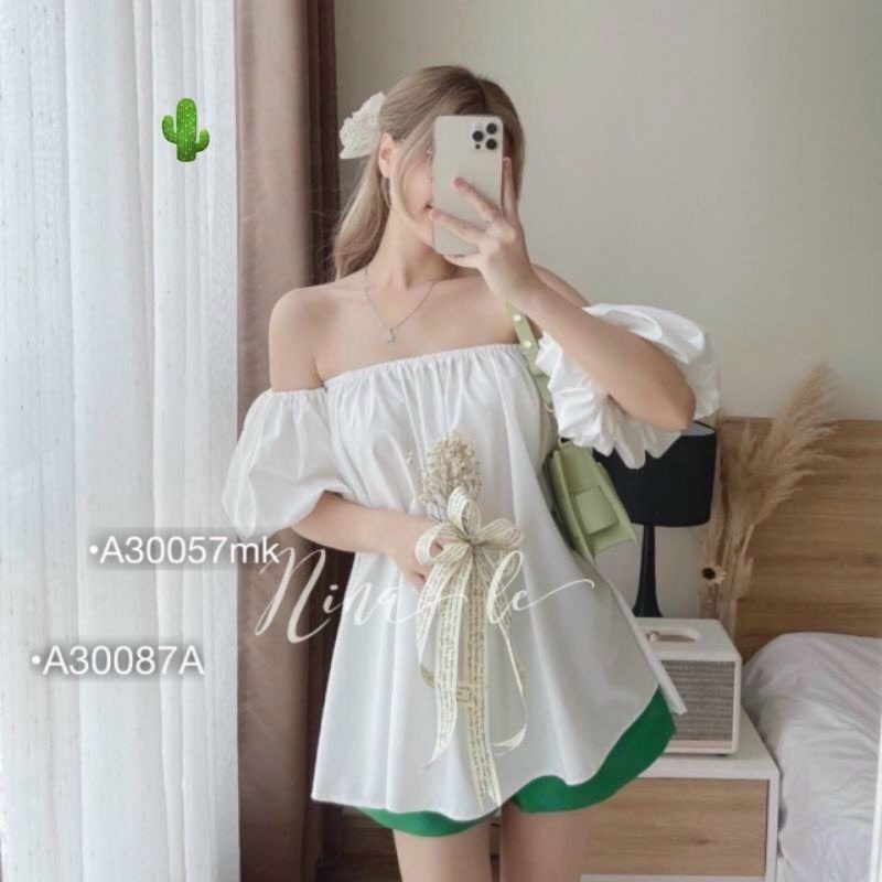 Áo bẹt vai tay phồng phôm suông giấu quần SIÊU HOT PC2022