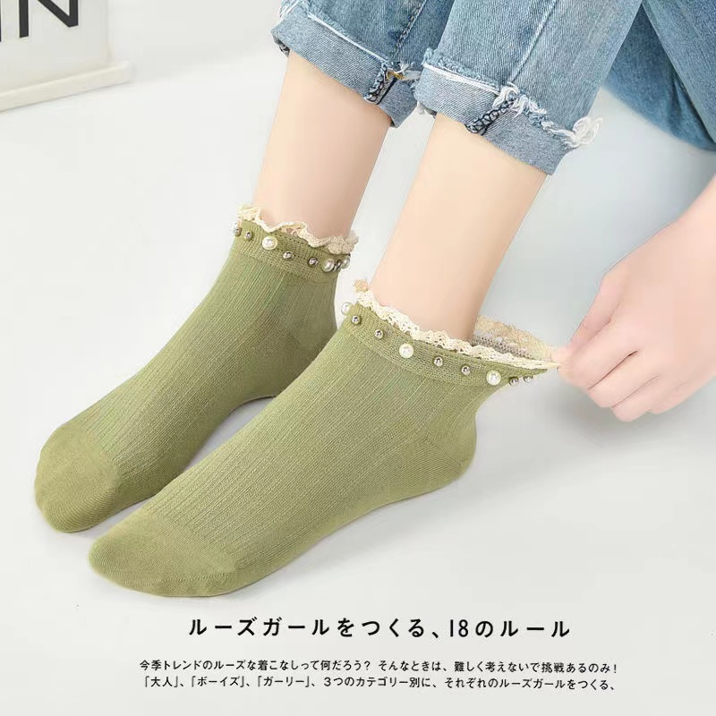Vớ cotton Phối Ren Đính Ngọc Trai Nhân Tạo Phong Cách Hàn Quốc Mới Cho Nữ