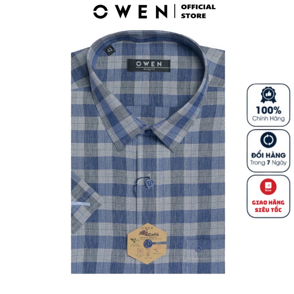 Áo Sơ Mi Nam Ngắn Tay OWEN BA220105NT Somi Công Sở Cao Cấp Màu Kẻ Caro Navy Xám Vải Sợi Café Dáng Suông Tà Bằng Có Túi