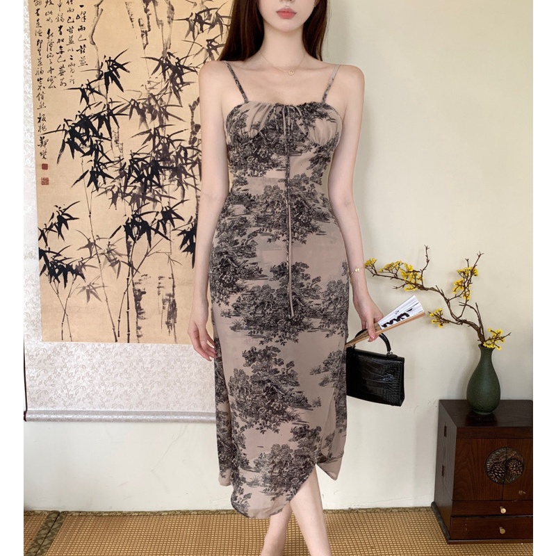 Đầm Hai Dây Họa Tiết Màu Mực Xinh Xắn Thời Trang Cho Nữ