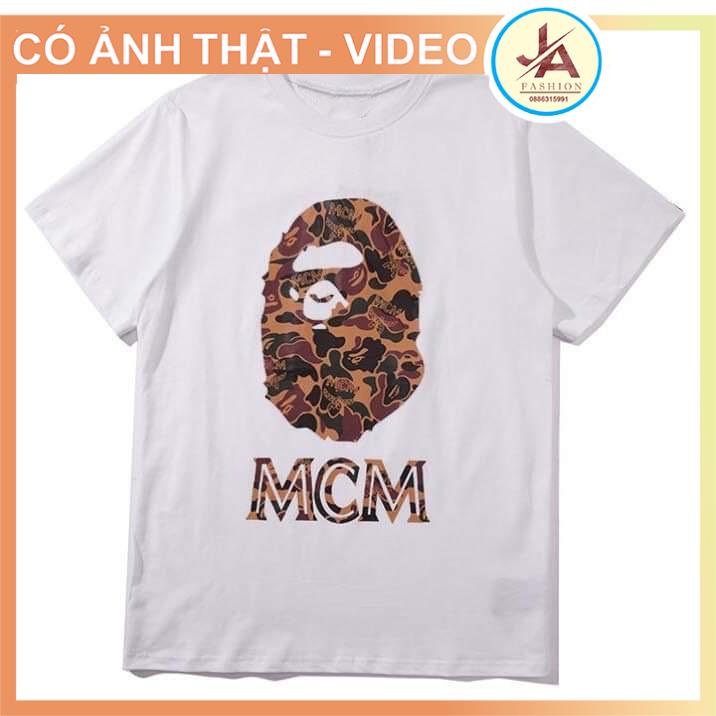 Áo thun nam nữ  tay lỡ họa tiết rằn ri Bape X MCM, áo phông unisex form rộng JASHOP