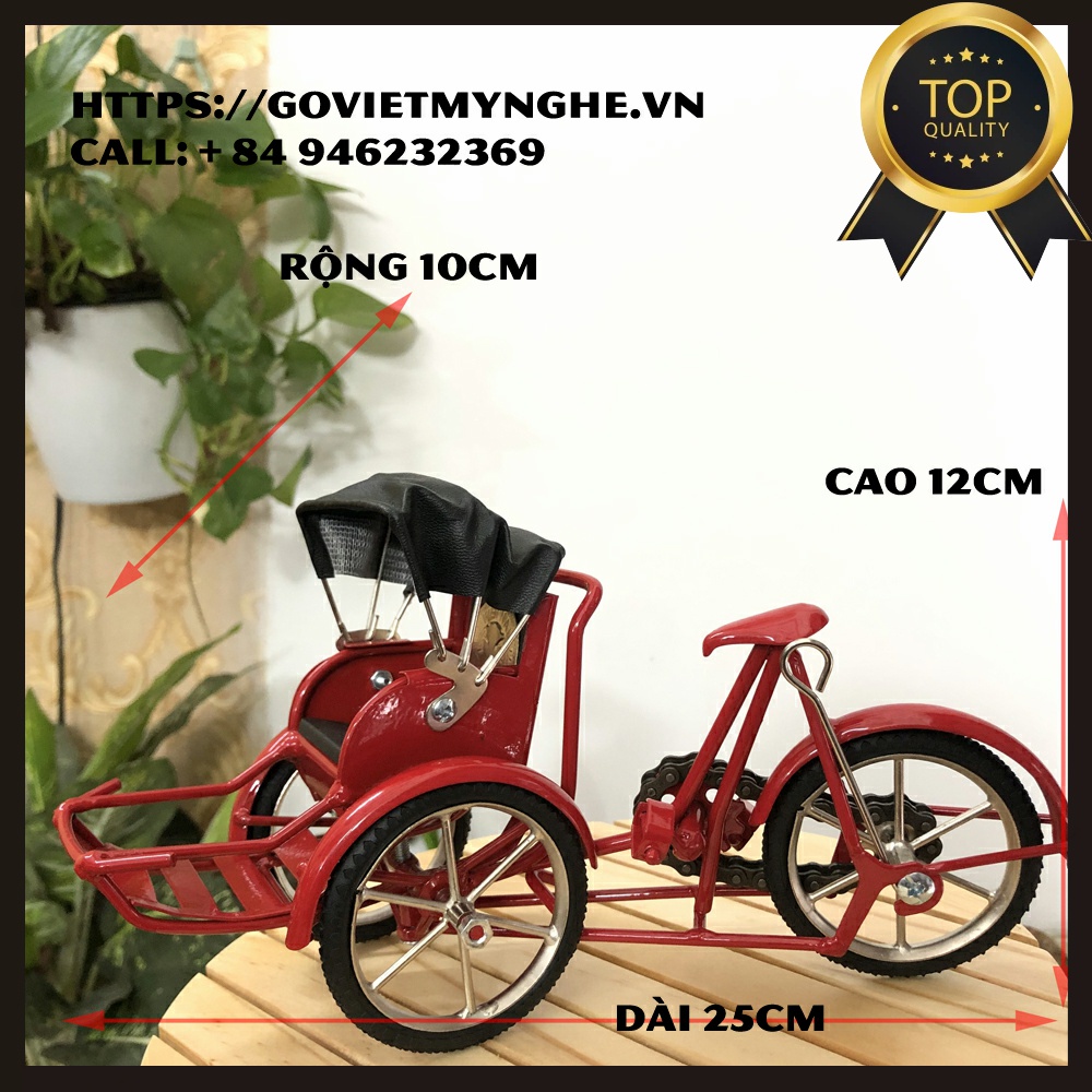 Mô hình xích lô quà tặng trang trí xe xích lô mô hình sắt mỹ nghệ Việt Nam - Cỡ lớn dài 25cm - Màu sơn đỏ