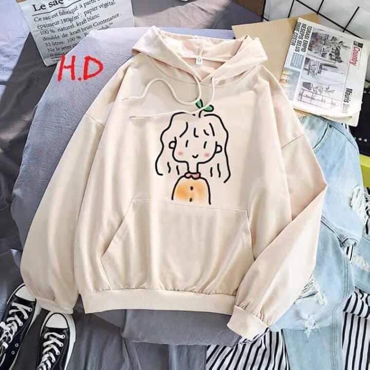Áo hoodie nỉ bông thời trang in hình cô gái tóc mầm cây ngộ nghĩnh đáng yêu freesize(45-58kg)