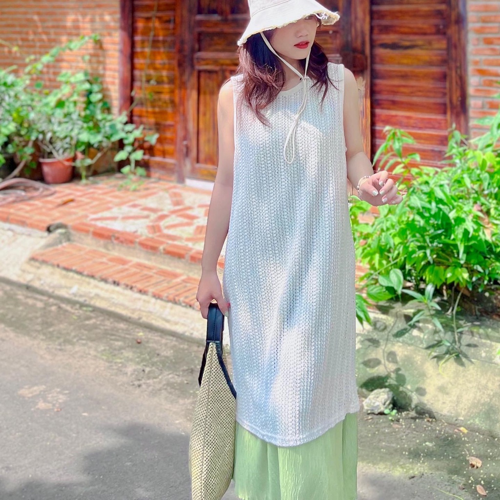 (HÀNG SẴN - HÌNH THẬT) Set váy maxi 2 dây + váy len cọc tay đan lưới xinh xắn phong cách Ulzzang Hàn Quốc