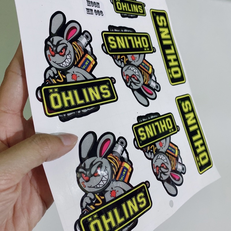 Decal tem dập nổi hình ohlins thỏ điên cầm phuộc cao cấp dán xe máy, ô tô, mũ bảo hiểm chống thấm nước, chống bay màu