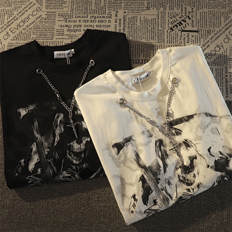 Áo Thun Cotton Tay Ngắn In Hình Đầu Lâu Phong Cách Harajuku Thời Trang Mùa Hè 2023