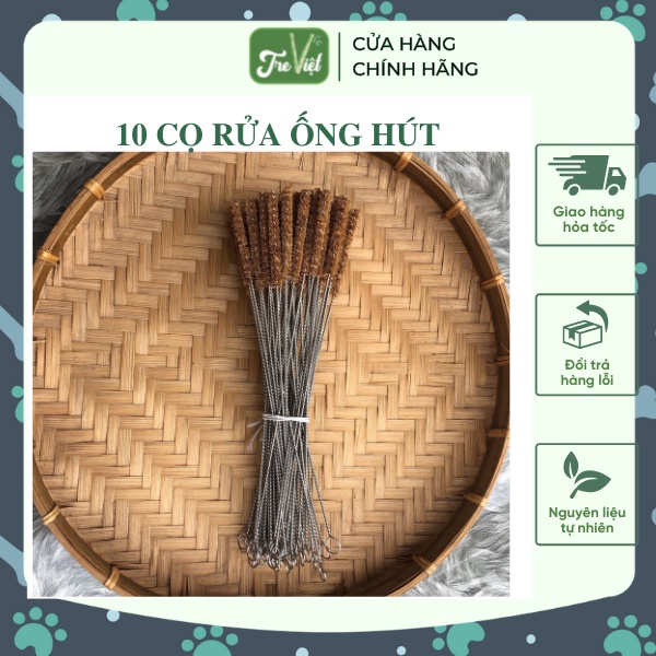 Combo 10 cọ rửa ống hút tre thân inox