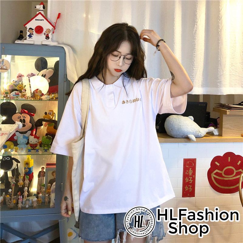 Áo polo thun cổ trụ thêu hình thêu chữ nhật bản cực đẹp, áo thun size có cổ HLFashion