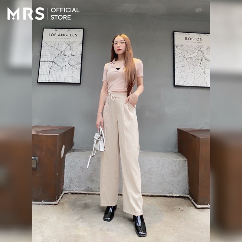 Quần ống rộng suông nữ buộc dây lệch, quần tây công sở dáng dài vải mềm mại