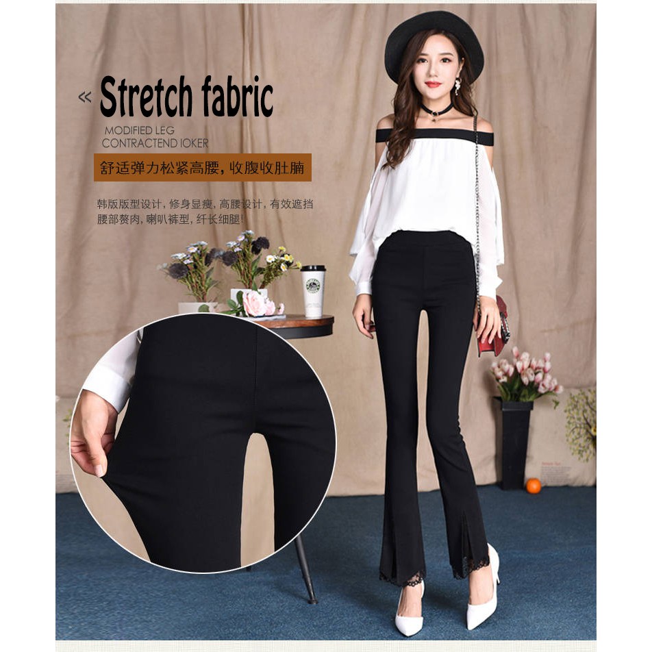 READY STOCK Women Flared Lace Pants Split High Waist Elastic Wide Leg Pants