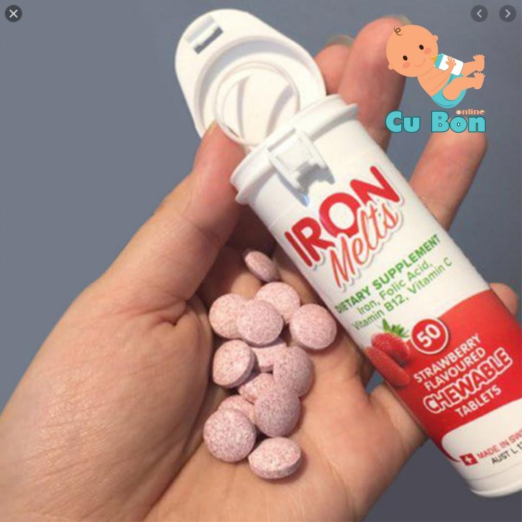 Viên ngậm bổ sung sắt Iron Melts Chewable vị dâu 50 viên của Úc Bổ Sung Sắt, Acid Folic, Vitamin B12 Và Vitamin C