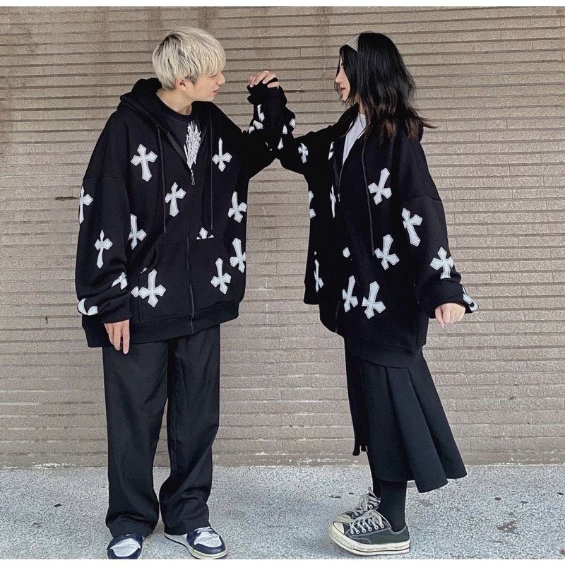 Áo Hoodie Khoá Kéo Chữ Thập Tay Bồng Unisex , Form Rộng Tay Phồng Ulzzang Hot Hit