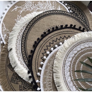 Lót ly trang trí chụp ảnh dáng tròn đan bằng sợi lục bình,vải ren