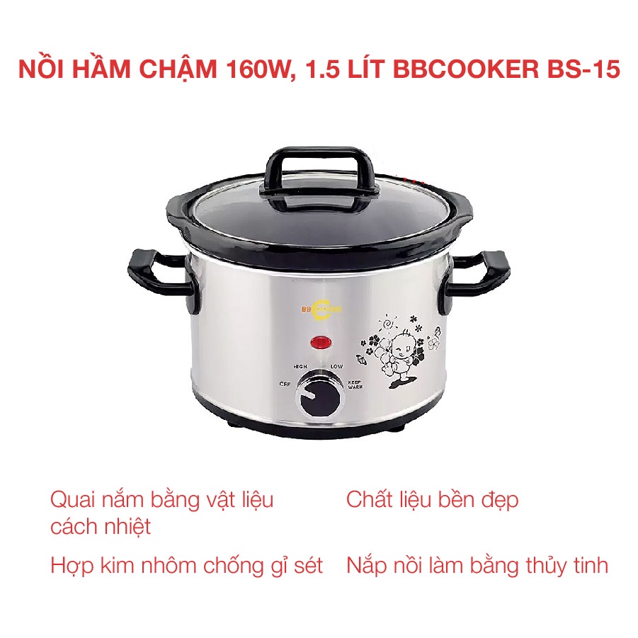 [Mã ELHADEV giảm 4% đơn 300K] Nồi hầm chậm 160w, 1.5 lít BBCooker BS-15